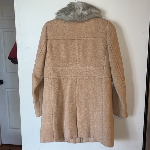 LOFT Women’s Camel Wool Blend Faux Fur Collar Long Pea Coat Size XSP NEW - Picture 2 of 6